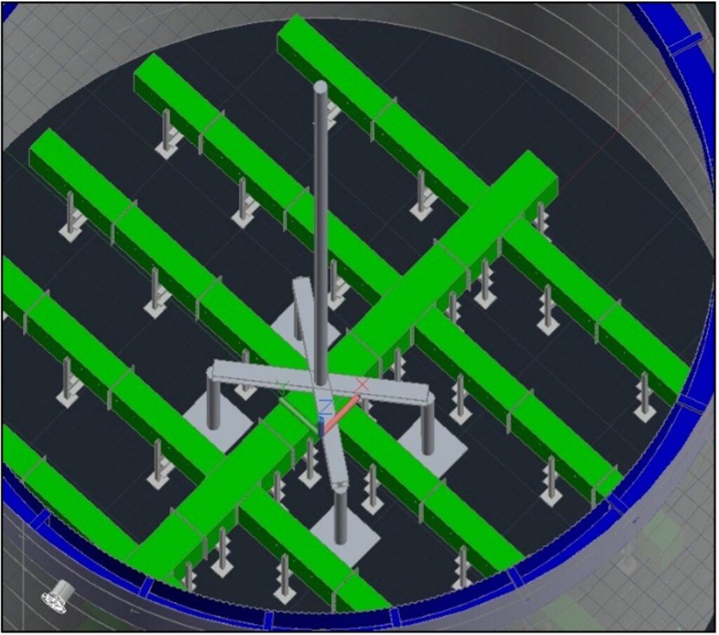 Conceptual HEGB open-bottom leg-supported oil trough AutoCAD layout with tank roof center pole support system