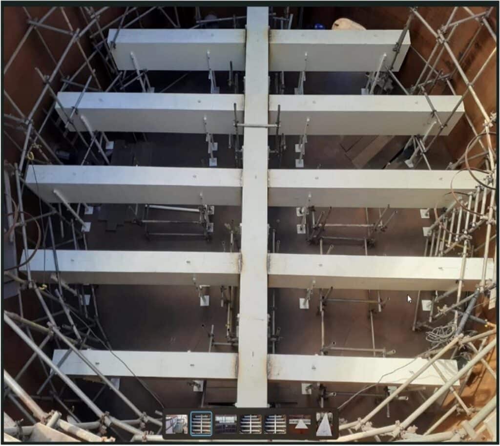 Actual HEGB open-bottom leg-supported oil trough layout prior to center pole support installation