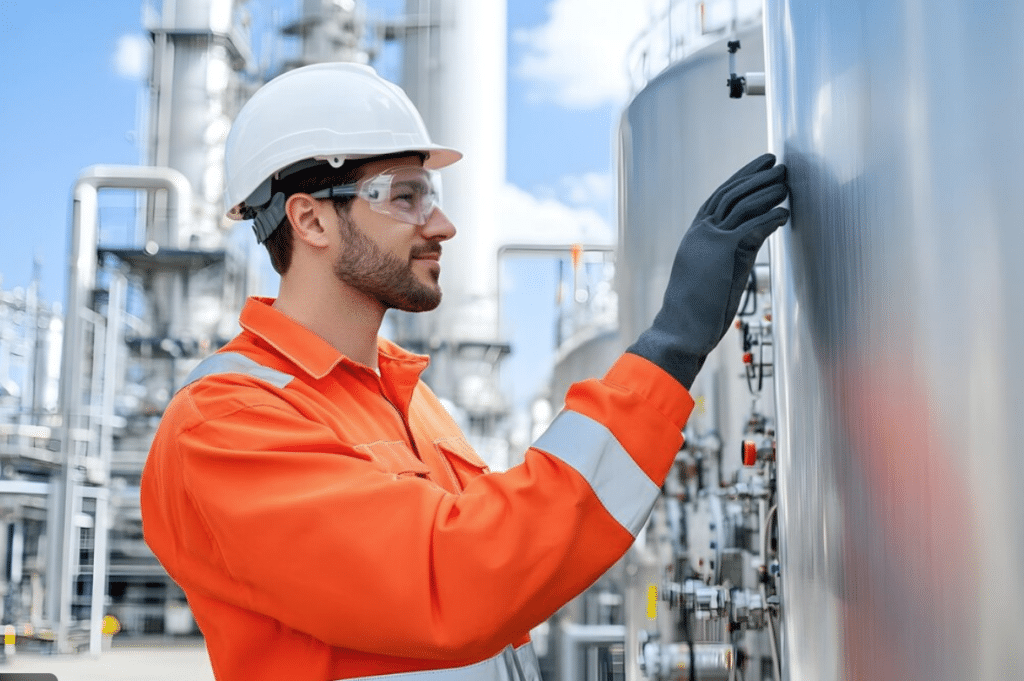 Technician examining tank for maintenance